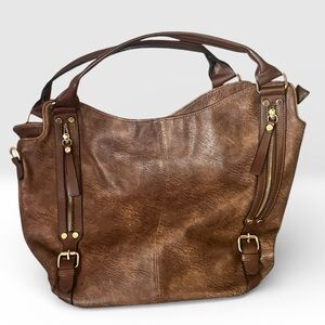 Large Brown Faux Leather Handbag 9X13 Multi-Compartment Tote Zippers